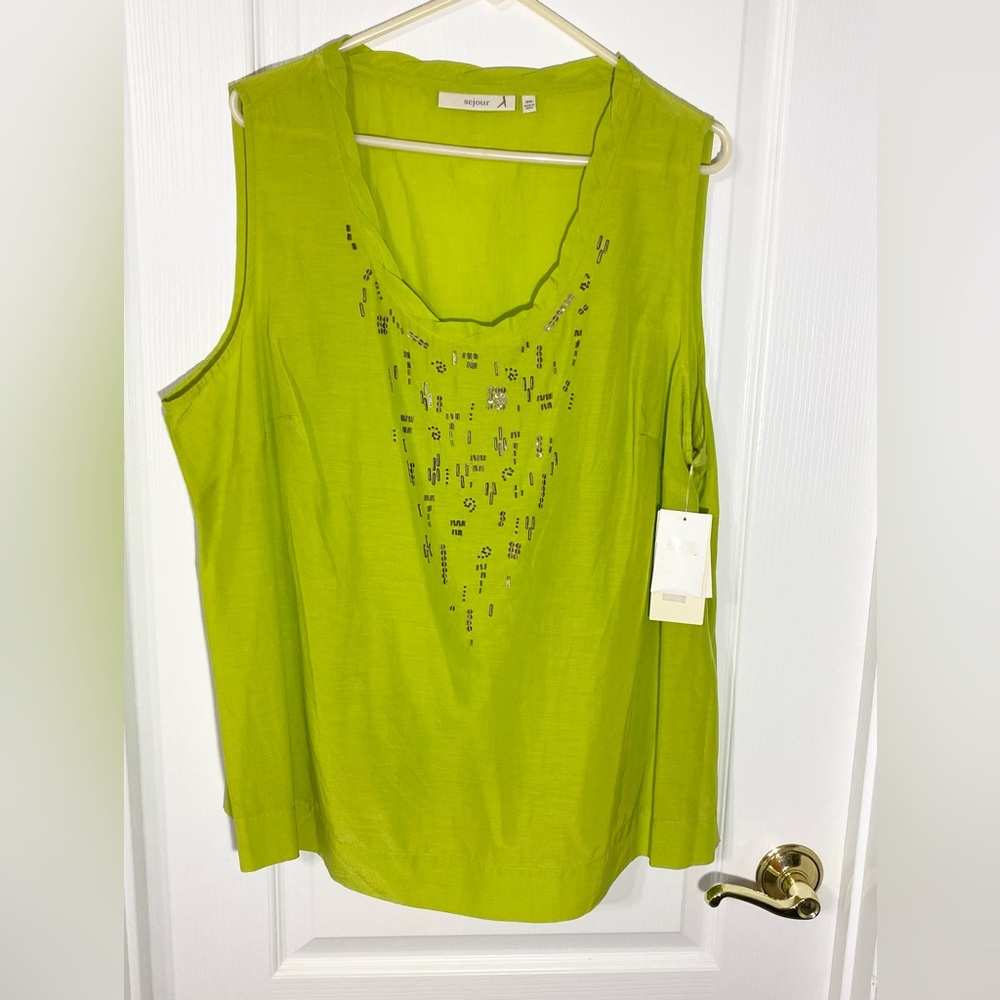 Sejour Beaded Cotton SILK Sleeveless Scoop Neck Blouse Chartreuse Green Size 18W
